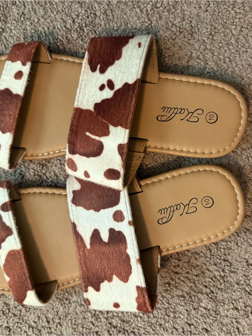 Talula Brown & White Cowhide Double Strap Slides